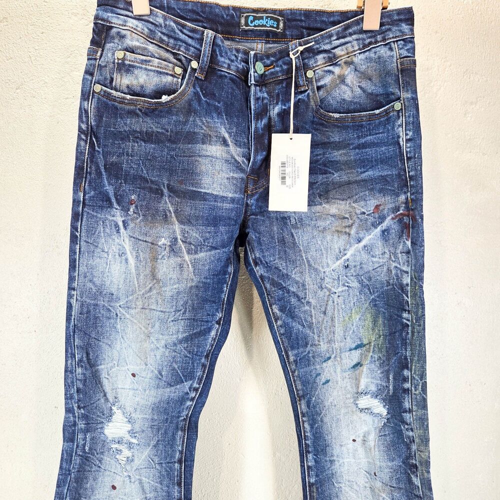 Cookies Core Modern Flare Jeans Distressed Indigo Wash Denim Men's Sz 36x36